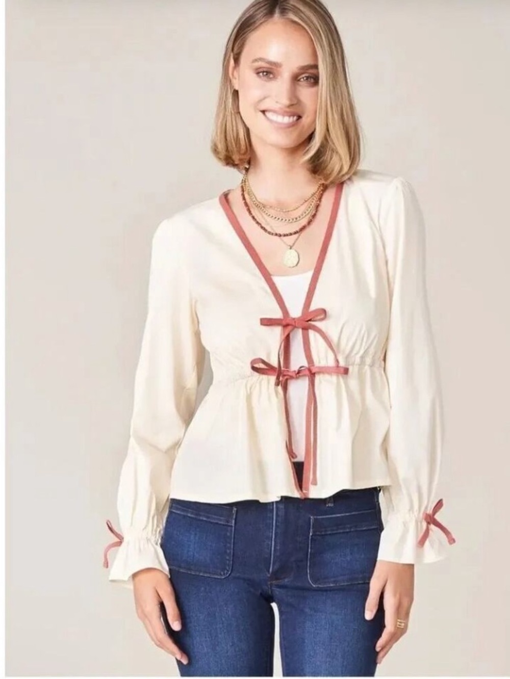 Spartina 449 Joni Tie Blouse XXL BUTTERCREAM burgundy piping tie ROMANTIC